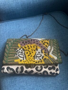 Beaded Leopard Face Clutch in Yellow, Green, Black and White